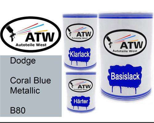 Dodge, Coral Blue Metallic, B80: 500ml Lackdose + 500ml Klarlack + 250ml Härter - Set, von ATW Autoteile West.